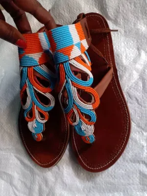 Handmade African Beaded Sandals/Authentic Maasai-Style Leather Flip-Flops Women/Boho Beach Sandals/Comfortable Summer Sandal African Gifts