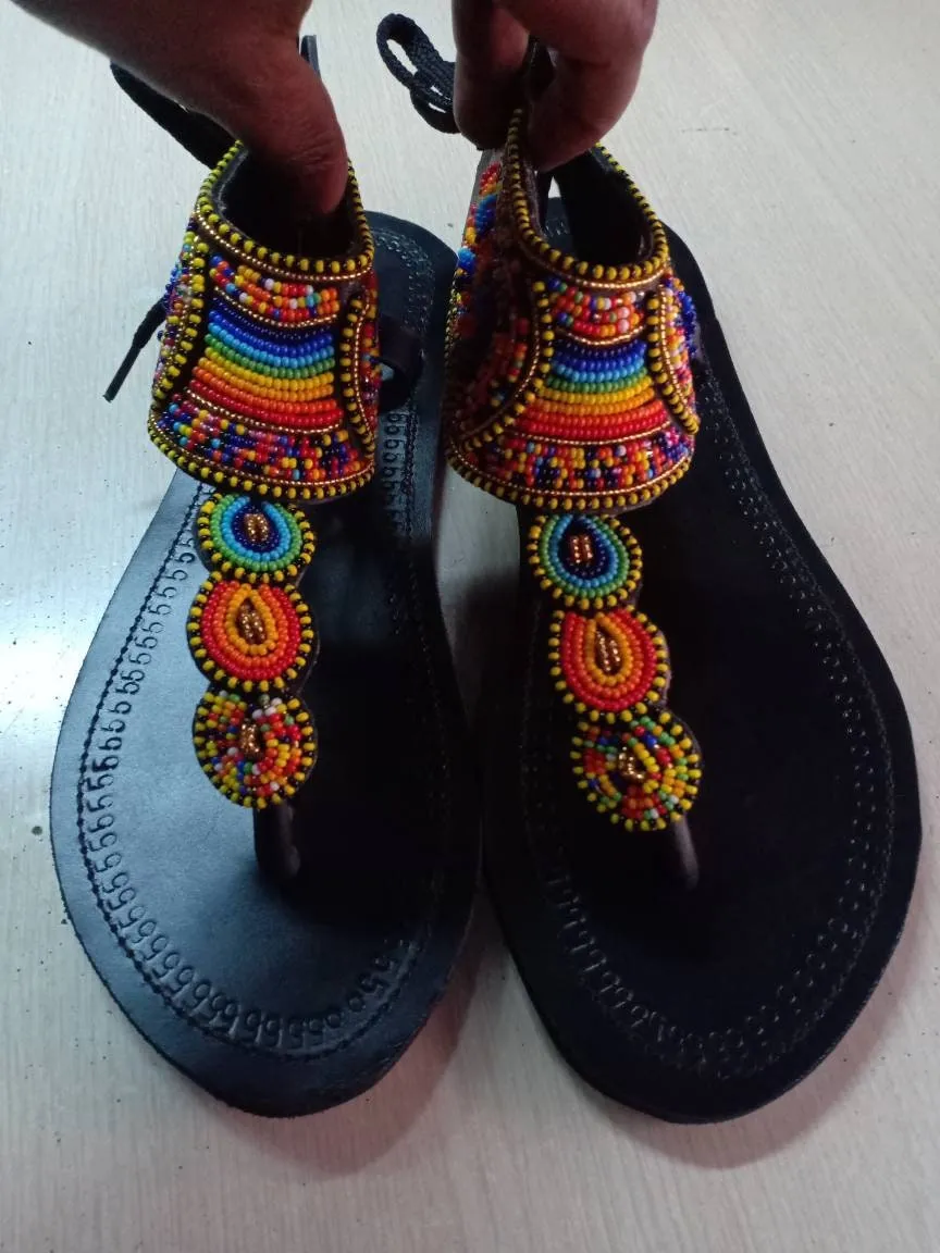 Handmade African Beaded Sandals/Authentic Maasai-Style Leather Flip-Flops Women/Boho Beach Sandals/Comfortable Summer Sandal African Gifts