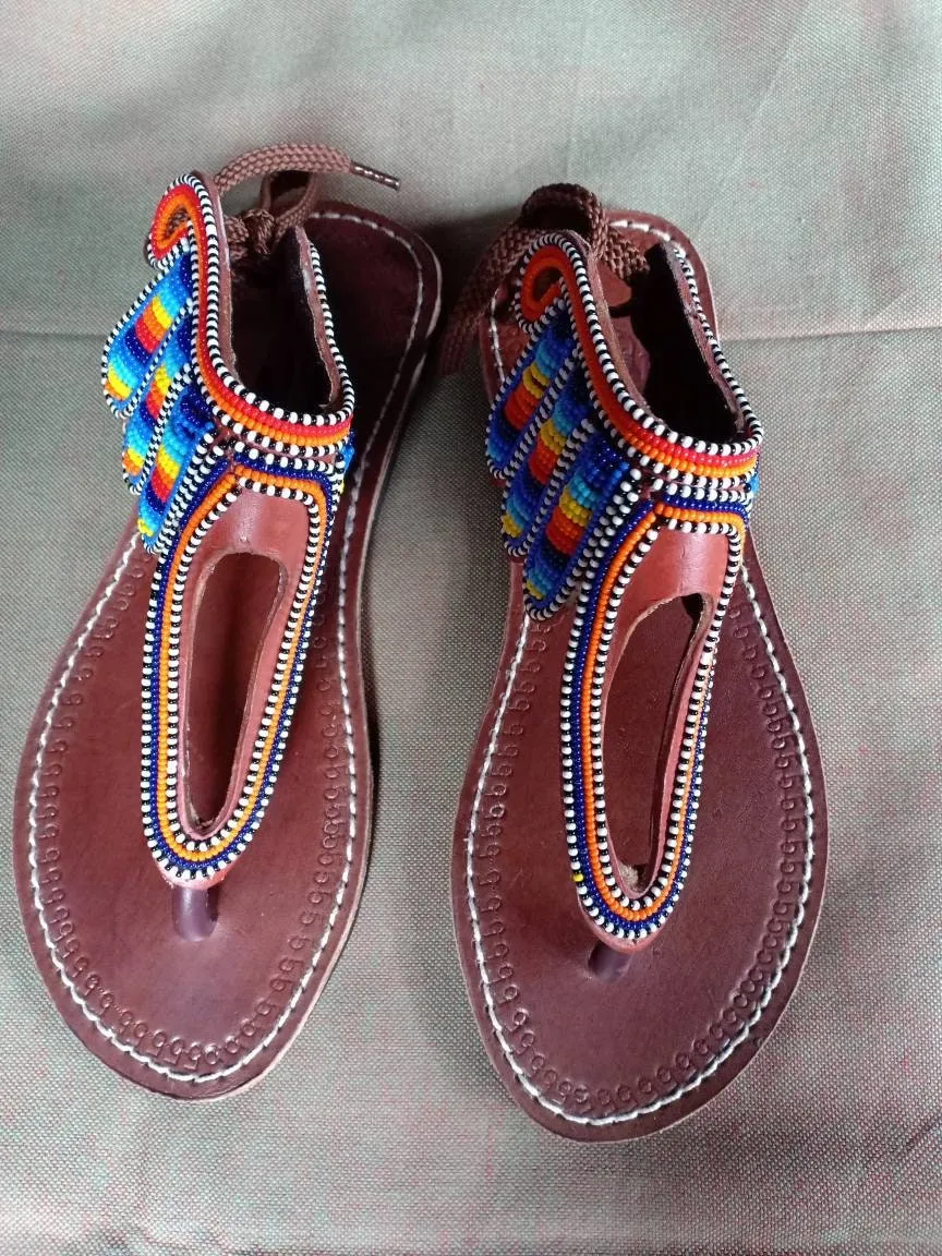 Handmade African Beaded Sandals/Authentic Maasai-Style Leather Flip-Flops Women/Boho Beach Sandals/Comfortable Summer Sandal African Gifts