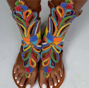 Handmade African Beaded Sandals/Authentic Maasai-Style Leather Flip-Flops Women/Boho Beach Sandals/Comfortable Summer Sandal African Gifts