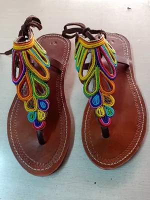 Handmade African Beaded Sandals/Authentic Maasai-Style Leather Flip-Flops Women/Boho Beach Sandals/Comfortable Summer Sandal African Gifts
