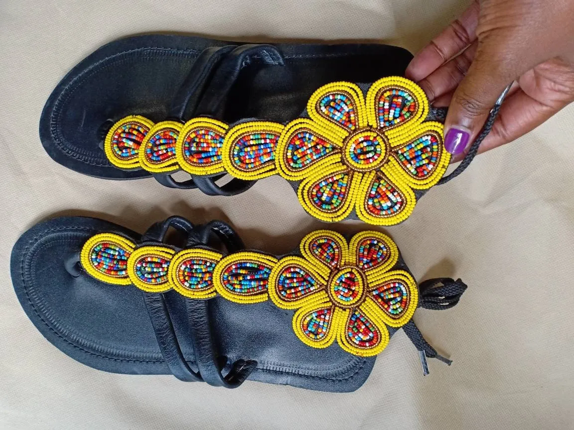 Handmade African Beaded Sandals/Authentic Maasai-Style Leather Flip-Flops Women/Boho Beach Sandals/Comfortable Summer Sandal African Gifts
