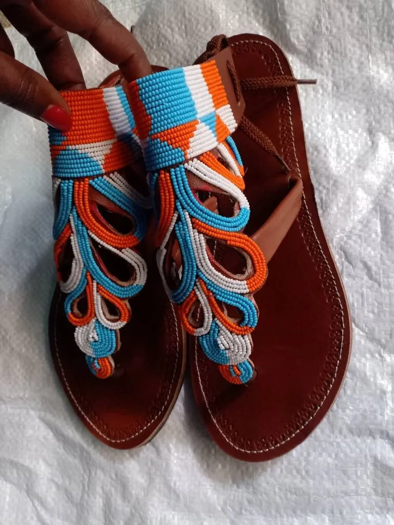 Handmade African Beaded Sandals/Authentic Maasai-Style Leather Flip-Flops Women/Boho Beach Sandals/Comfortable Summer Sandal African Gifts