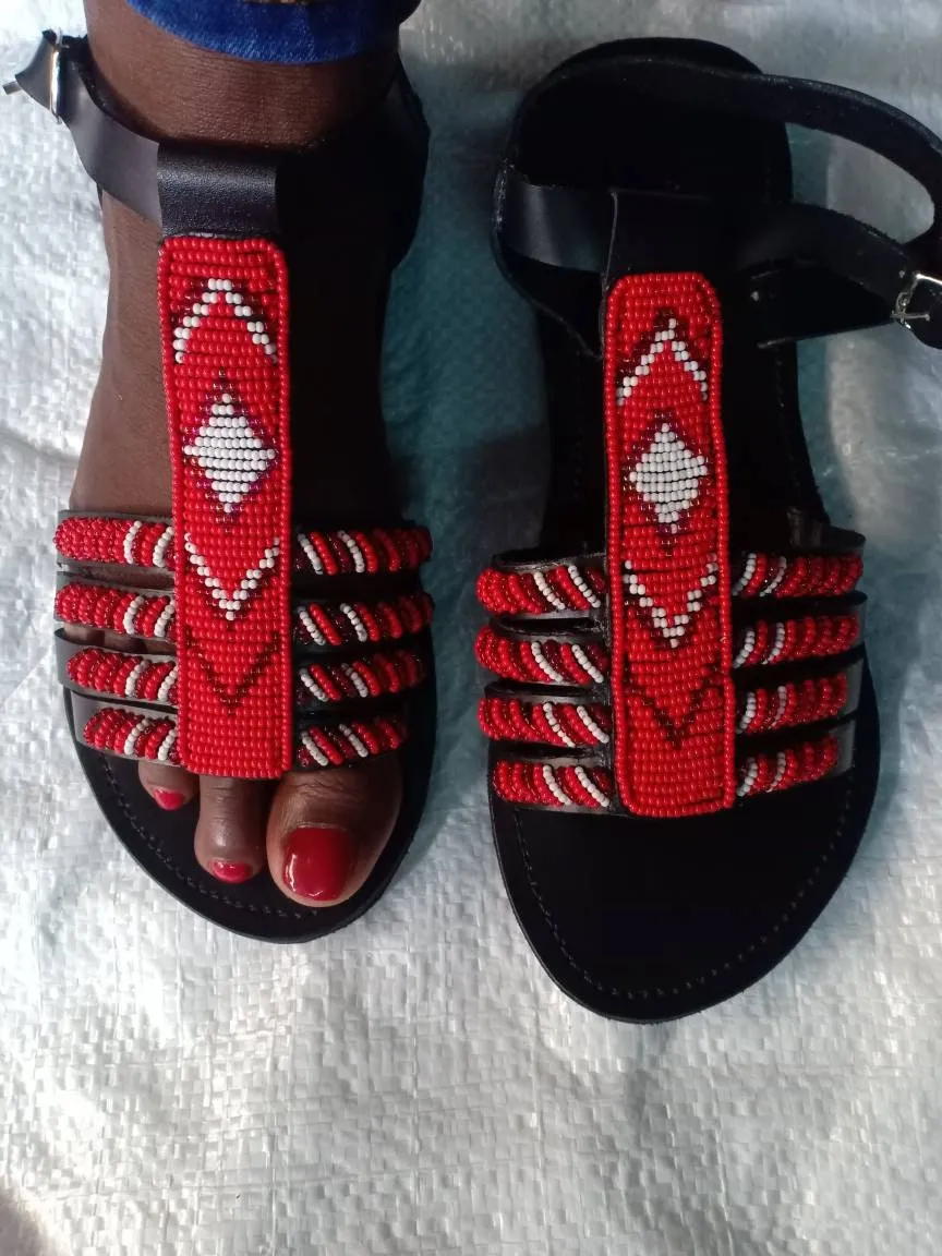 Handmade African Beaded Sandals/Authentic Maasai-Style Leather Flip-Flops Women/Boho Beach Sandals/Comfortable Summer Sandal African Gifts