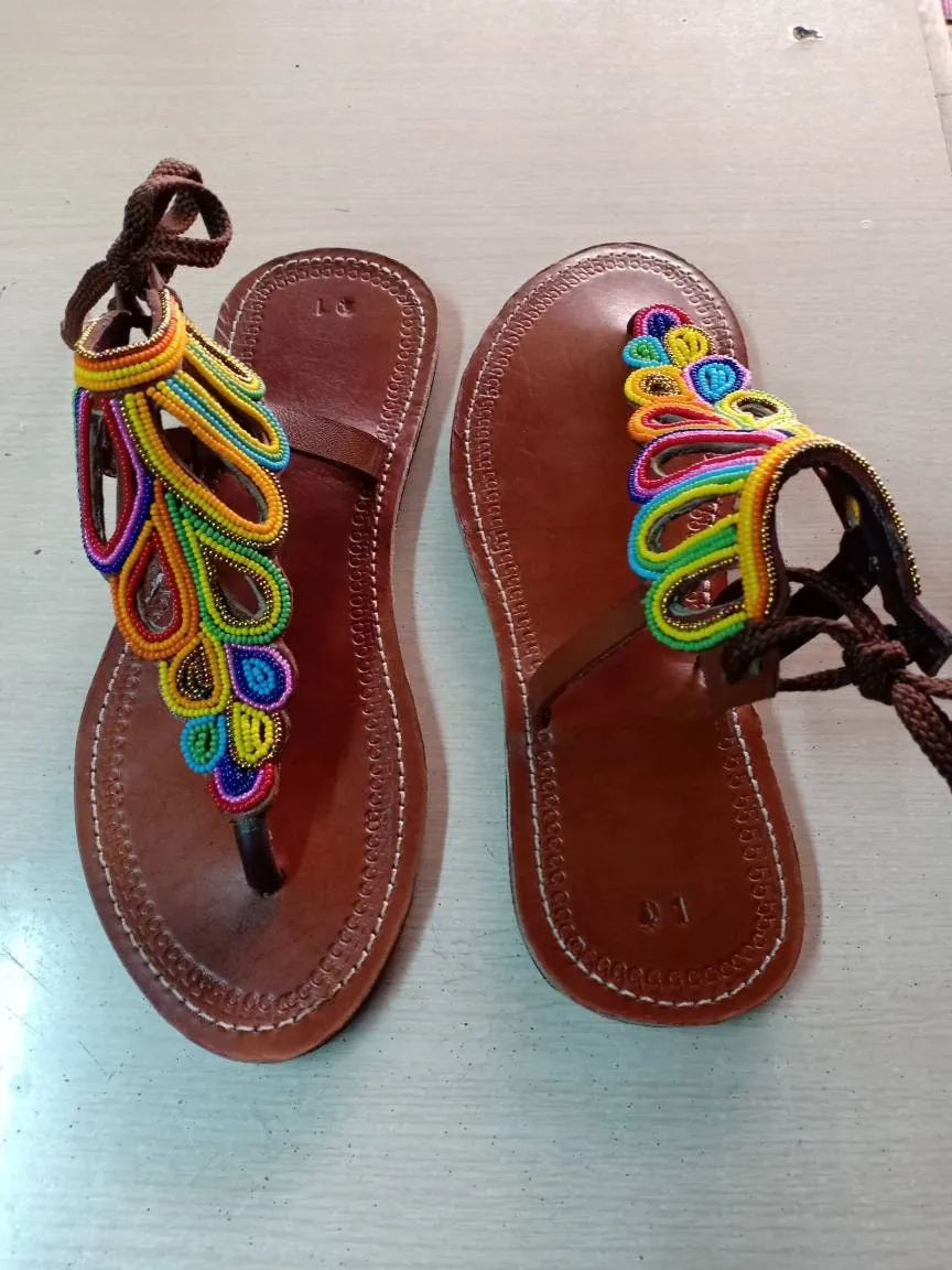 Handmade African Beaded Sandals/Authentic Maasai-Style Leather Flip-Flops Women/Boho Beach Sandals/Comfortable Summer Sandal African Gifts