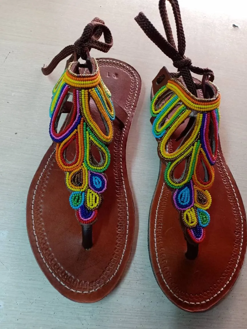 Handmade African Beaded Sandals/Authentic Maasai-Style Leather Flip-Flops Women/Boho Beach Sandals/Comfortable Summer Sandal African Gifts