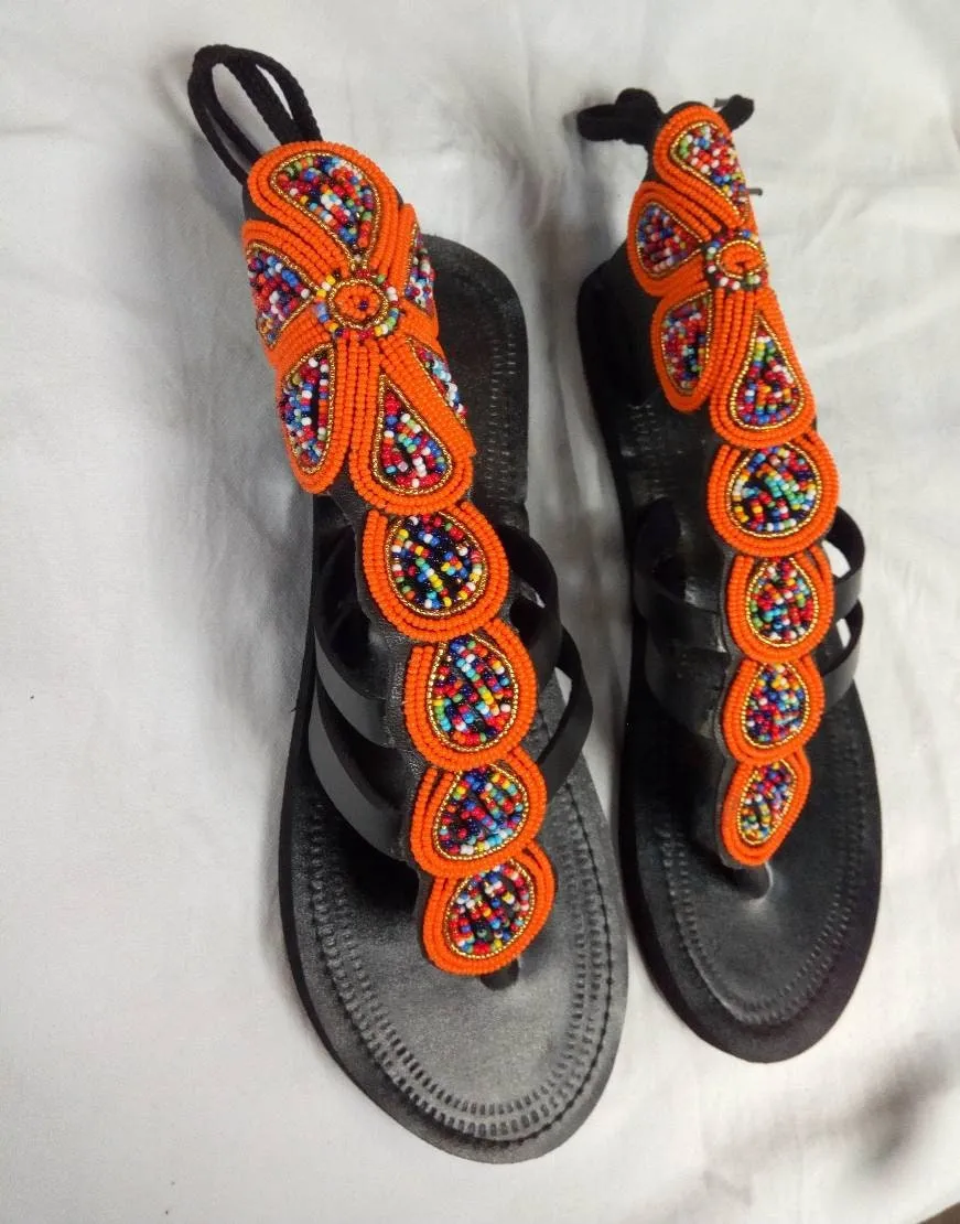 Handmade African Beaded Sandals/Authentic Maasai-Style Leather Flip-Flops Women/Boho Beach Sandals/Comfortable Summer Sandal African Gifts
