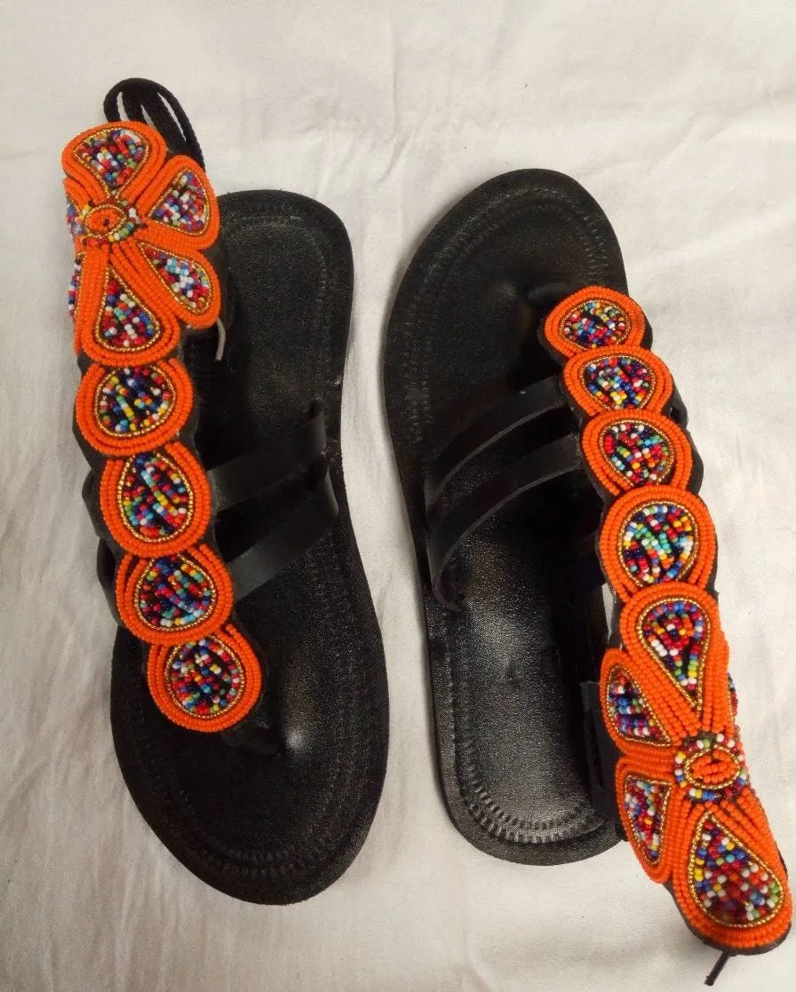 Handmade African Beaded Sandals/Authentic Maasai-Style Leather Flip-Flops Women/Boho Beach Sandals/Comfortable Summer Sandal African Gifts