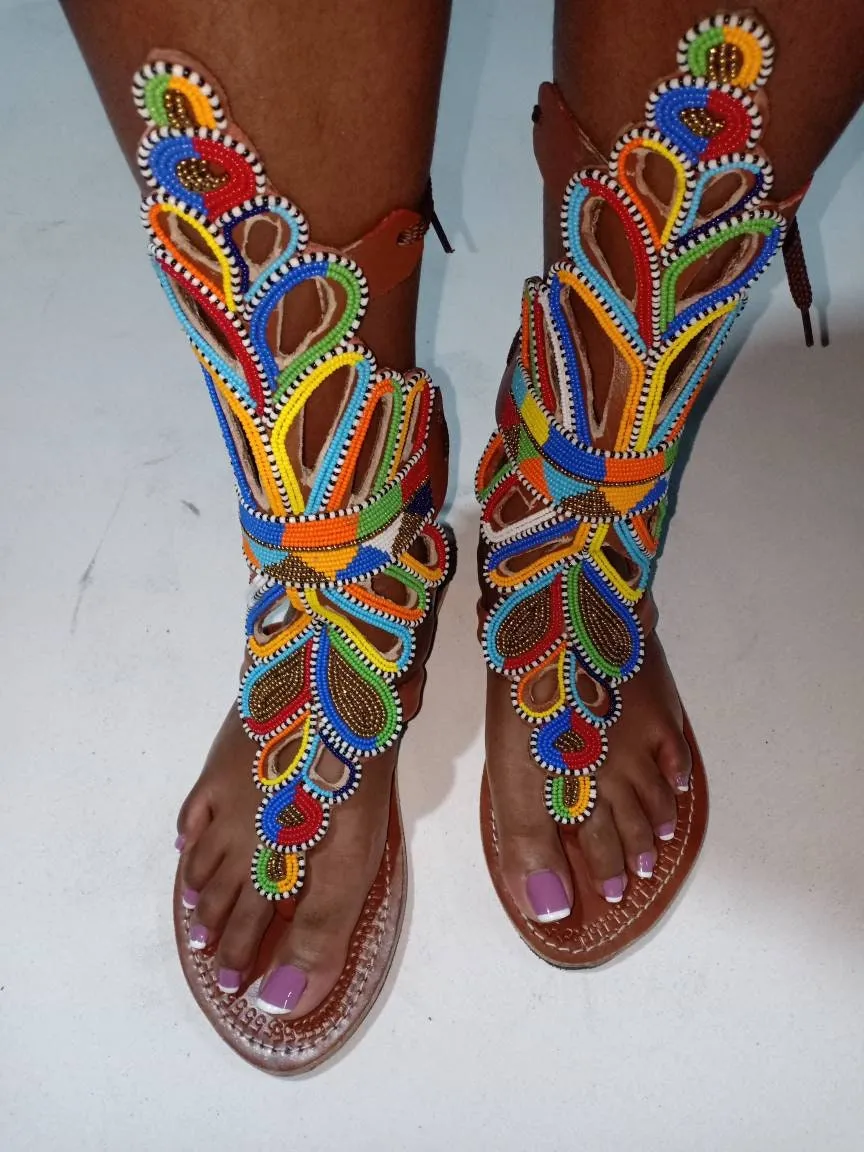 Handmade African Beaded Sandals/Authentic Maasai-Style Leather Flip-Flops Women/Boho Beach Sandals/Comfortable Summer Sandal African Gifts
