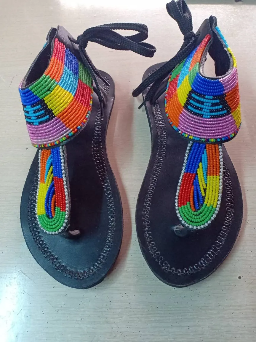 Handmade African Beaded Sandals/Authentic Maasai-Style Leather Flip-Flops Women/Boho Beach Sandals/Comfortable Summer Sandal African Gifts