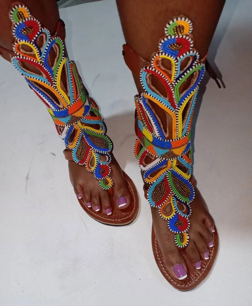 Handmade African Beaded Sandals/Authentic Maasai-Style Leather Flip-Flops Women/Boho Beach Sandals/Comfortable Summer Sandal African Gifts