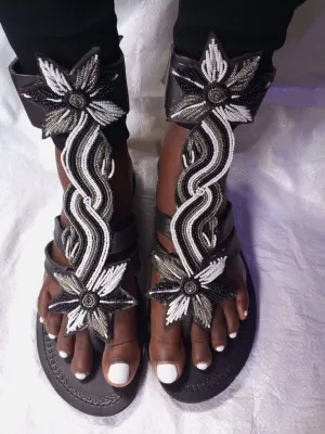 Handmade African Beaded Sandals/Authentic Maasai-Style Leather Flip-Flops Women/Boho Beach Sandals/Comfortable Summer Sandal African Gifts