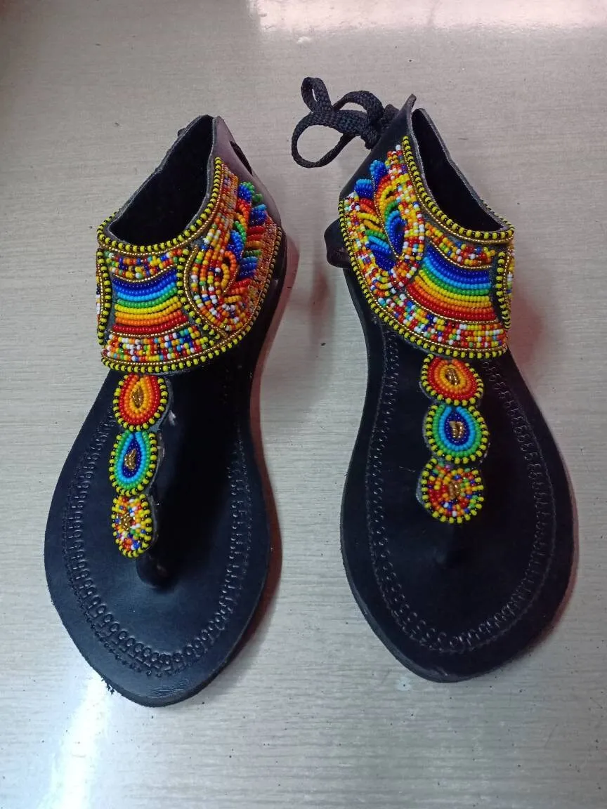 Handmade African Beaded Sandals/Authentic Maasai-Style Leather Flip-Flops Women/Boho Beach Sandals/Comfortable Summer Sandal African Gifts