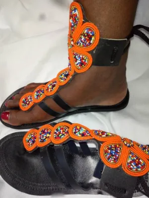 Handmade African Beaded Sandals/Authentic Maasai-Style Leather Flip-Flops Women/Boho Beach Sandals/Comfortable Summer Sandal African Gifts