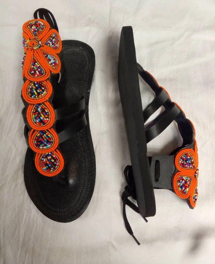 Handmade African Beaded Sandals/Authentic Maasai-Style Leather Flip-Flops Women/Boho Beach Sandals/Comfortable Summer Sandal African Gifts