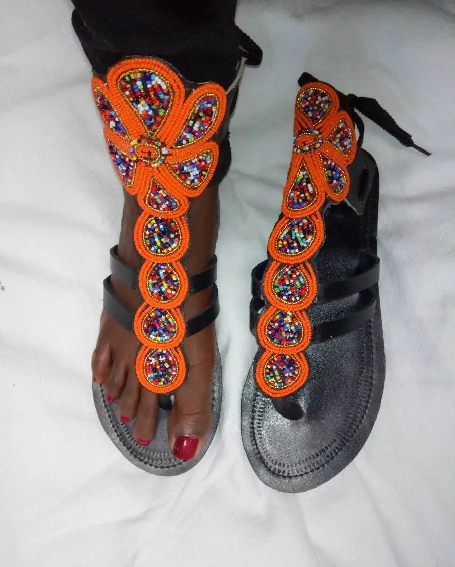 Handmade African Beaded Sandals/Authentic Maasai-Style Leather Flip-Flops Women/Boho Beach Sandals/Comfortable Summer Sandal African Gifts