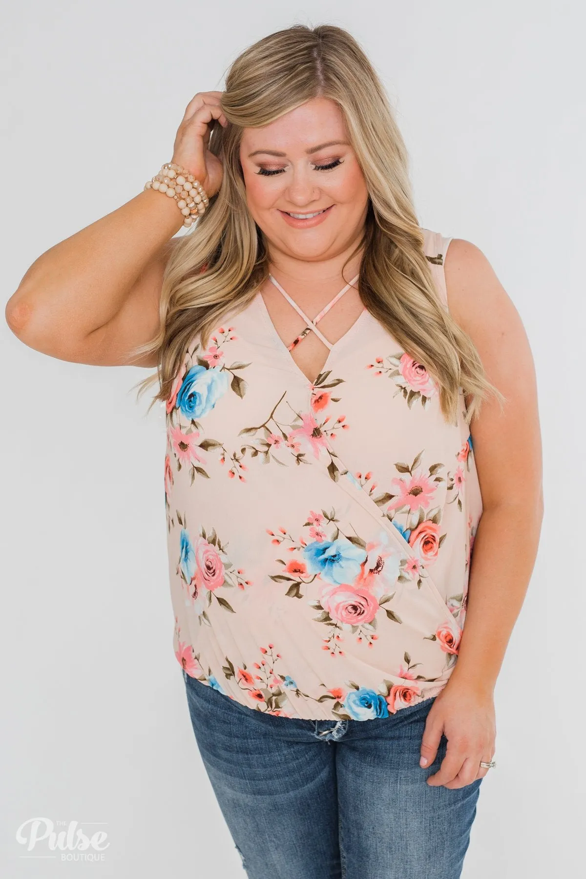 Happy Endings Floral Criss Cross Tank Top- Blush