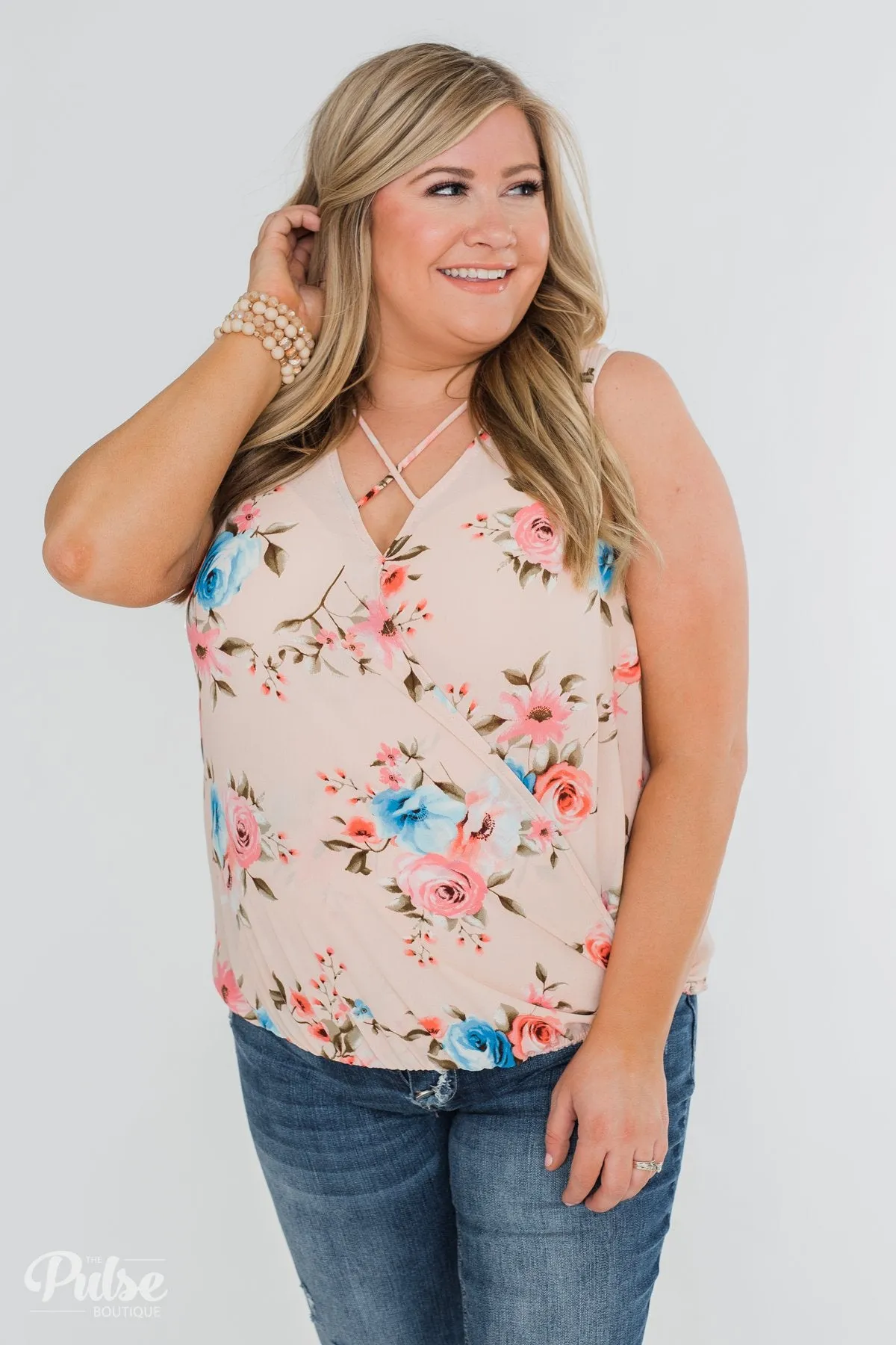 Happy Endings Floral Criss Cross Tank Top- Blush