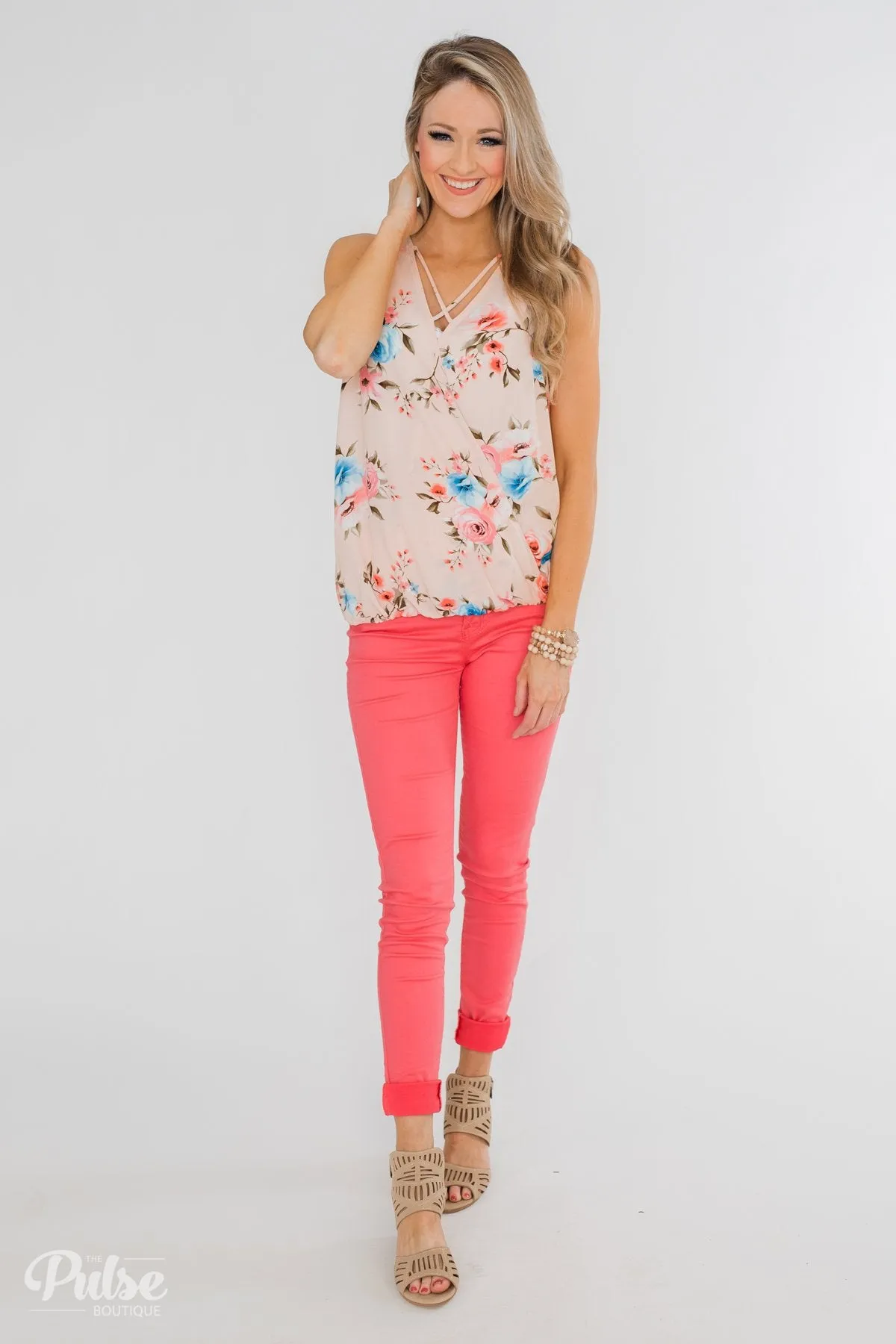 Happy Endings Floral Criss Cross Tank Top- Blush