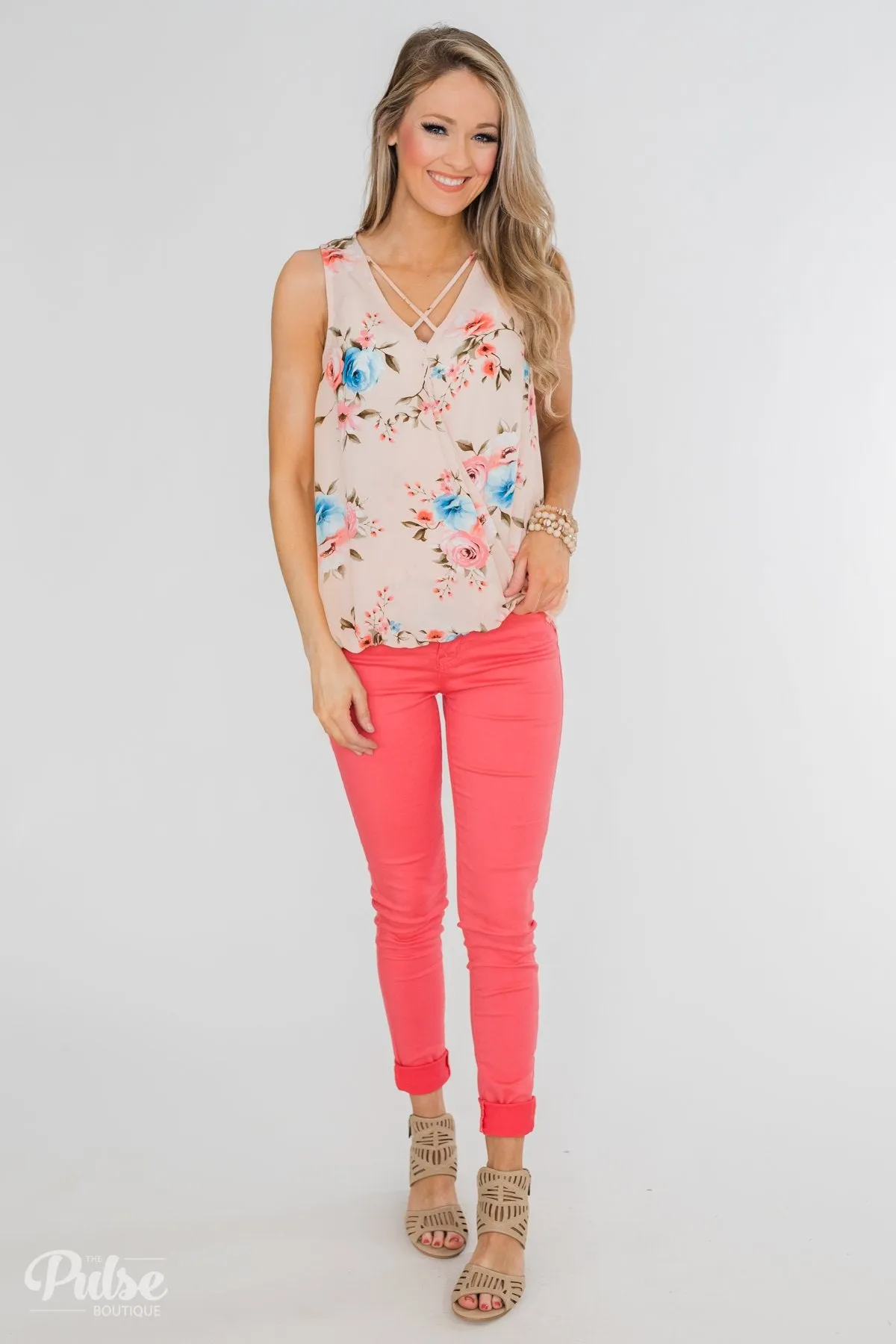 Happy Endings Floral Criss Cross Tank Top- Blush