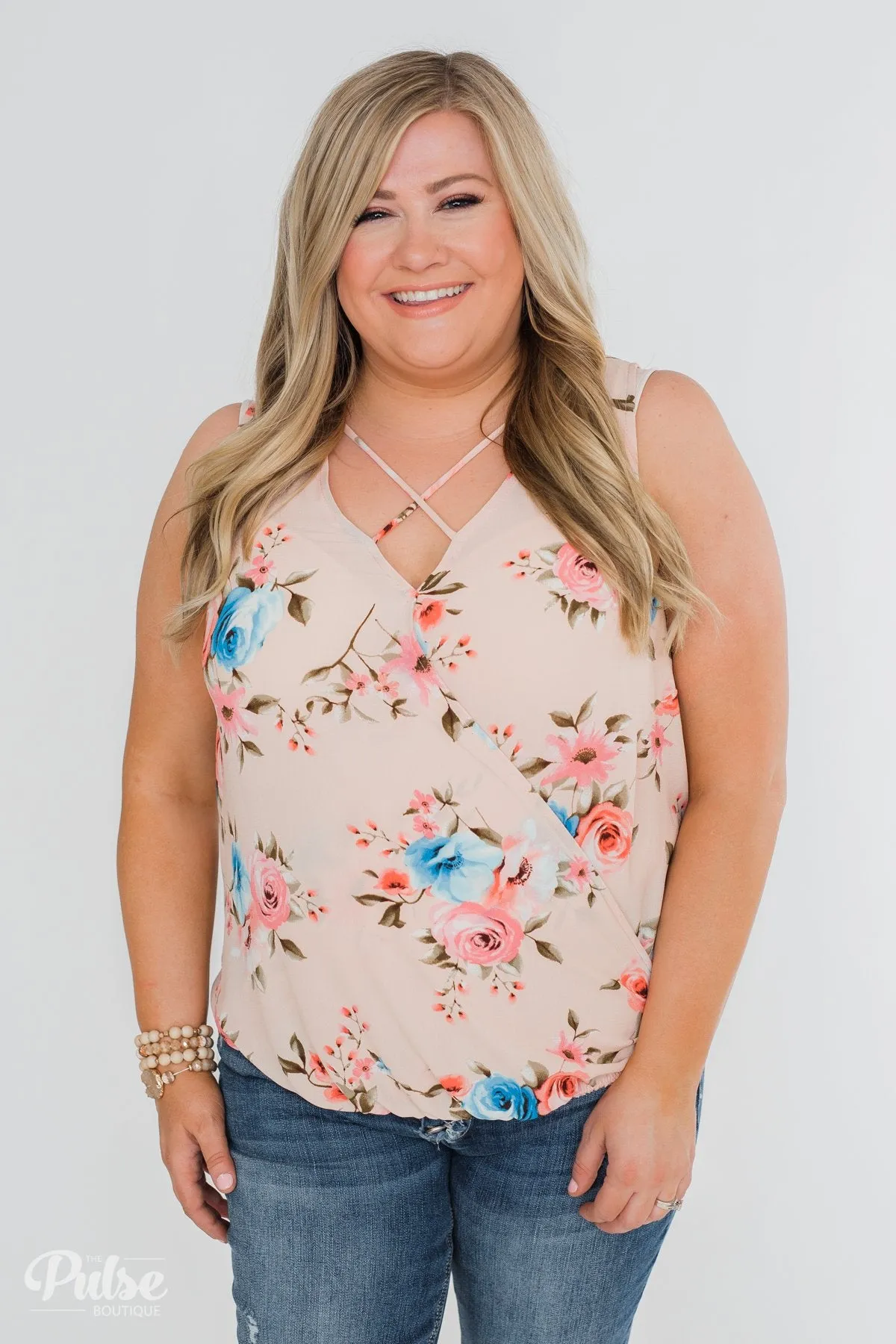 Happy Endings Floral Criss Cross Tank Top- Blush