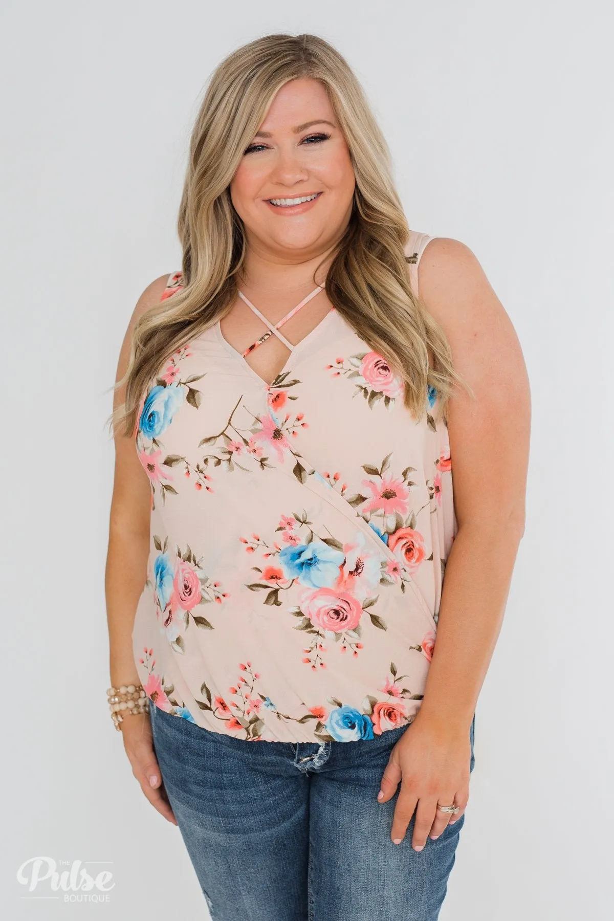 Happy Endings Floral Criss Cross Tank Top- Blush