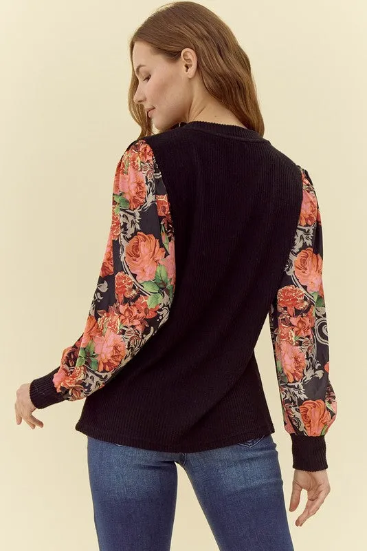 Harrison Ribbed & Flower Print Long Sleeves Top