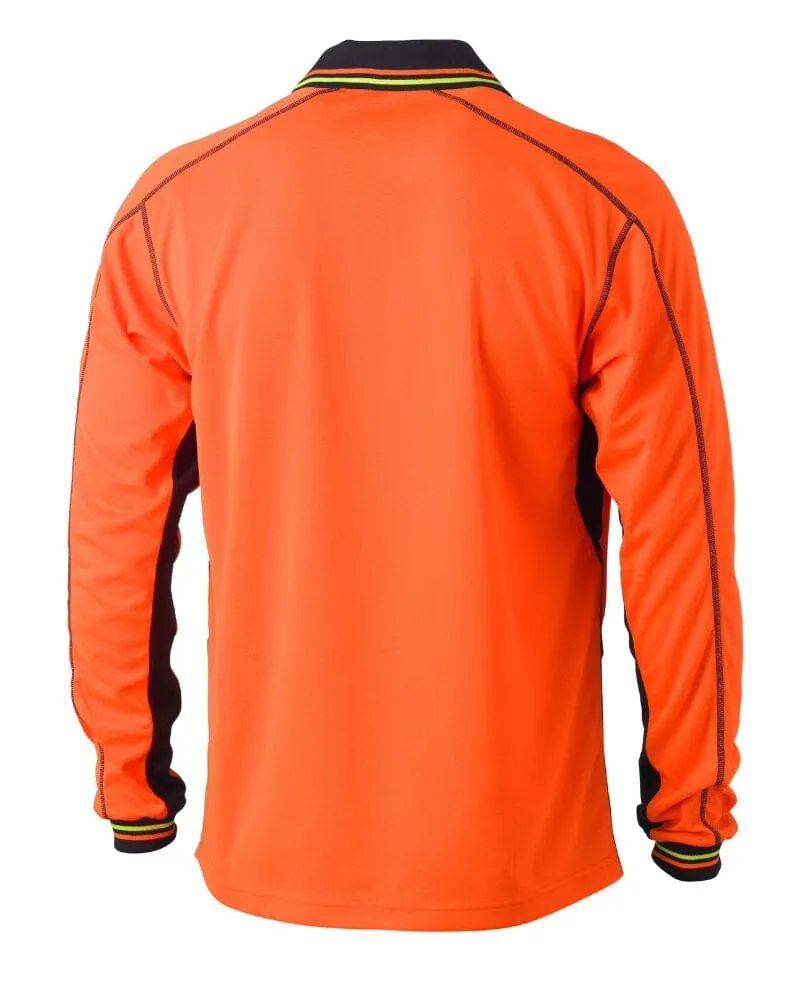 Hi Vis Polyester Mesh Long Sleeve Polo - Orange/Navy