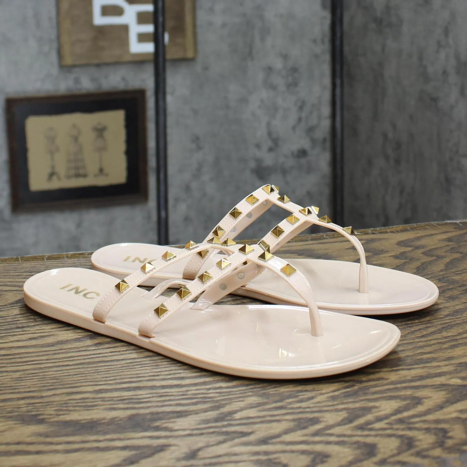 Inc International Concepts Womens Ellie Jelly Flat Sandals Nude Stud Brown 10M