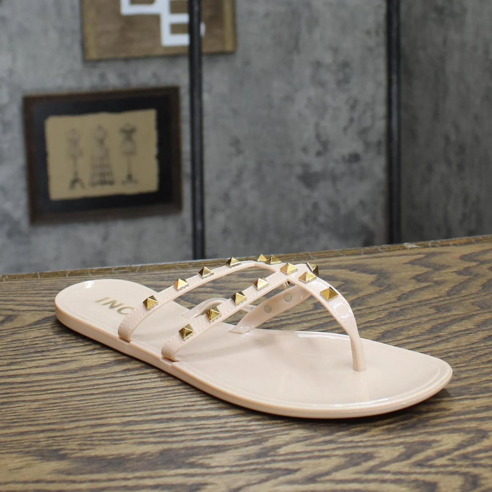 Inc International Concepts Womens Ellie Jelly Flat Sandals Nude Stud Brown 10M