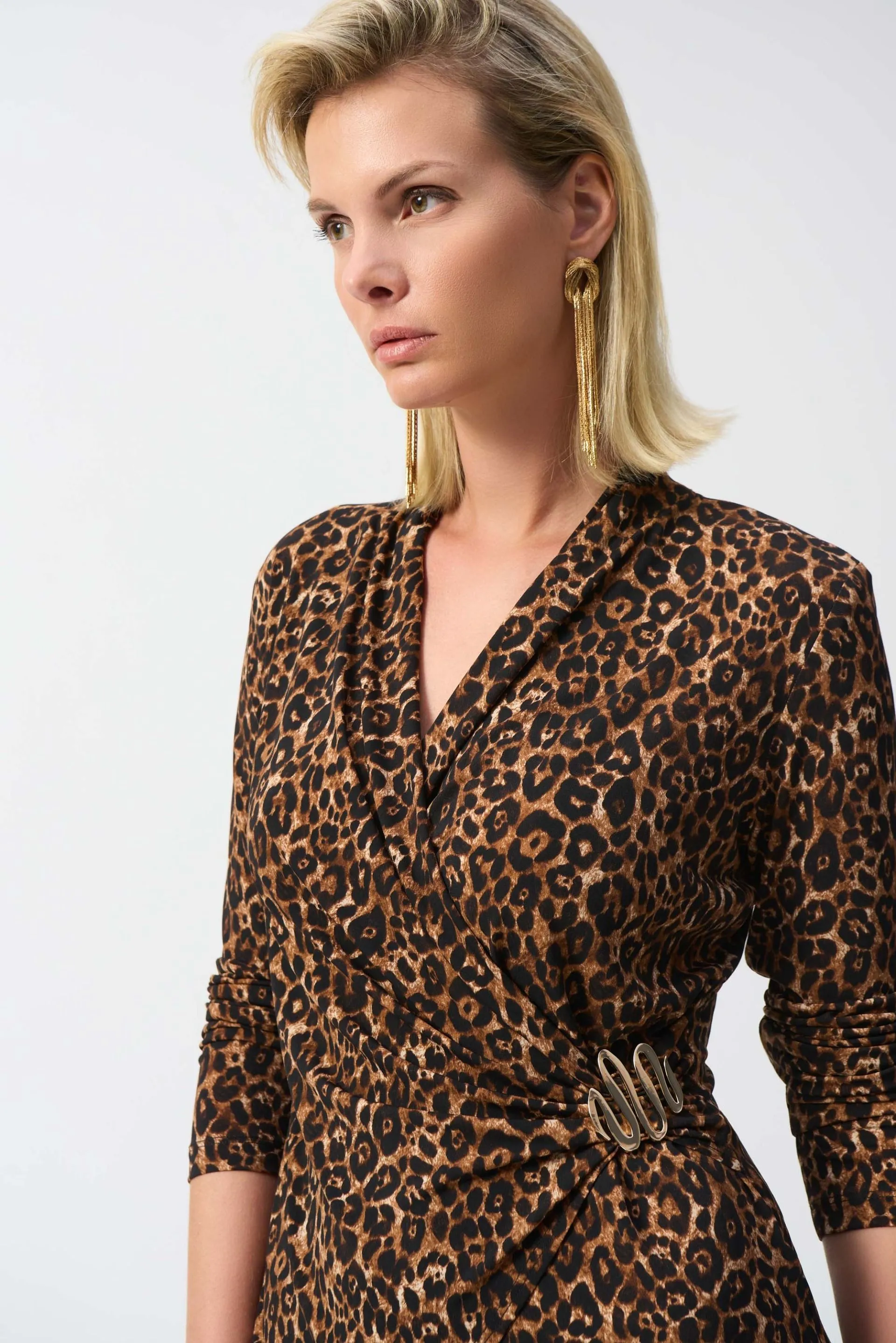 Joseph Ribkoff Beige/Black Animal Print Fitted Faux Wrap Top 244251