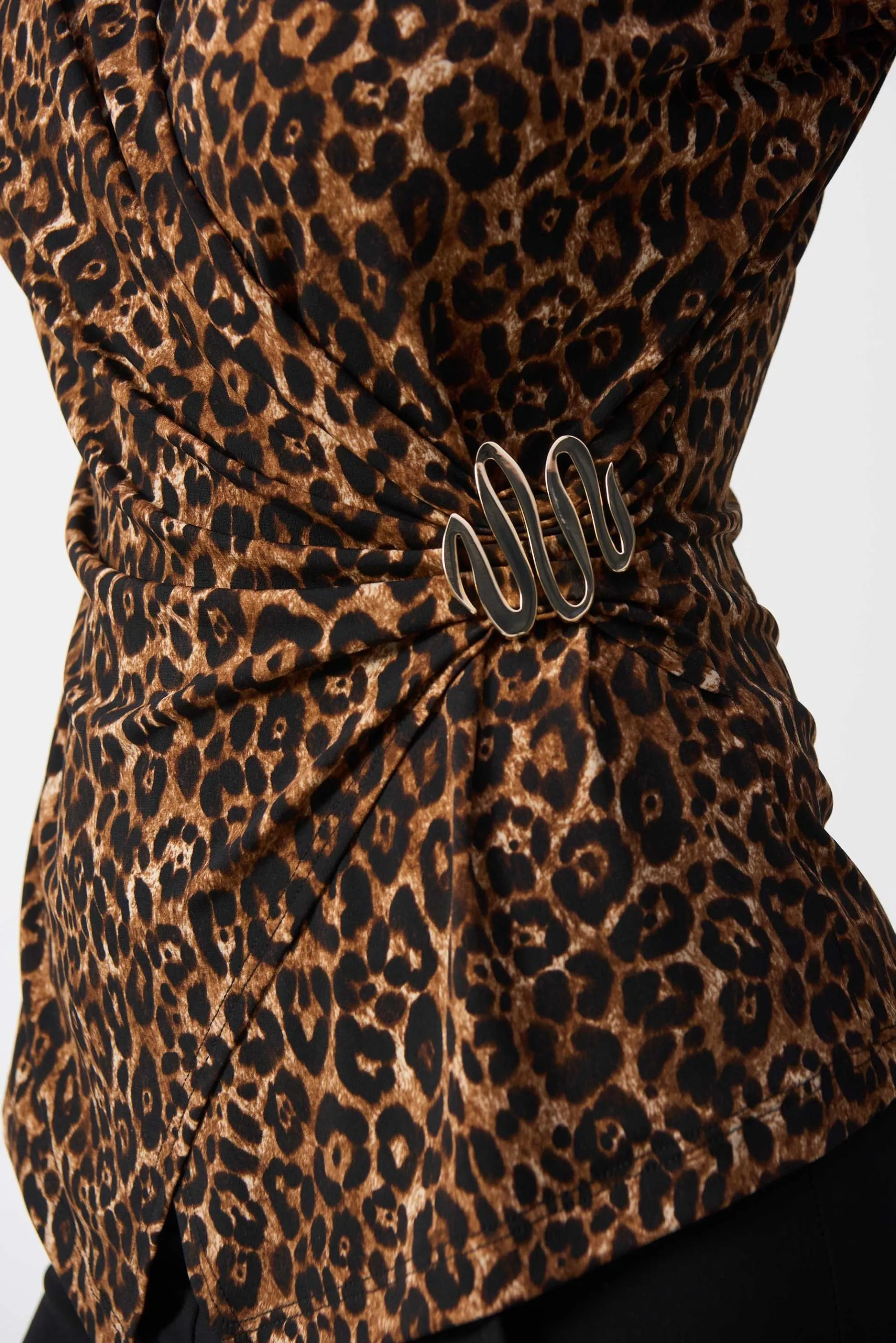 Joseph Ribkoff Beige/Black Animal Print Fitted Faux Wrap Top 244251