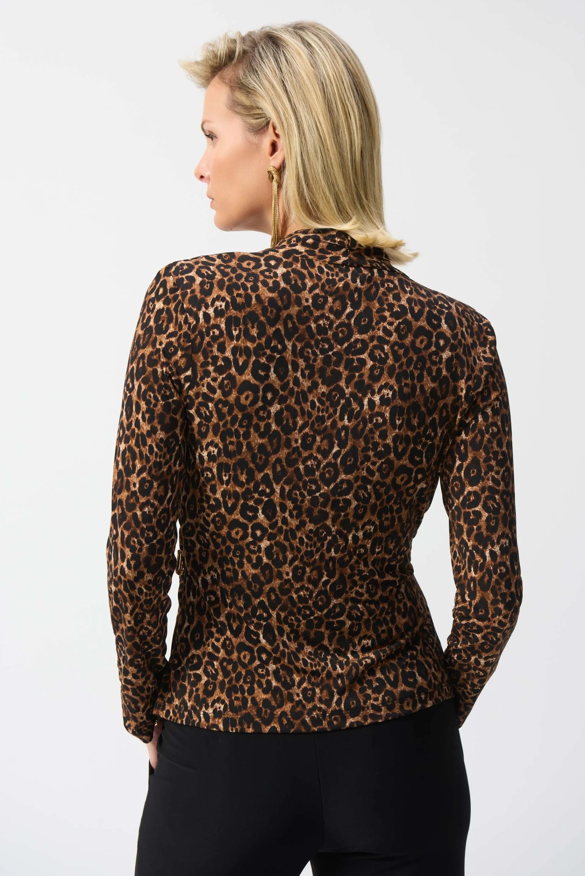 Joseph Ribkoff Beige/Black Animal Print Fitted Faux Wrap Top 244251