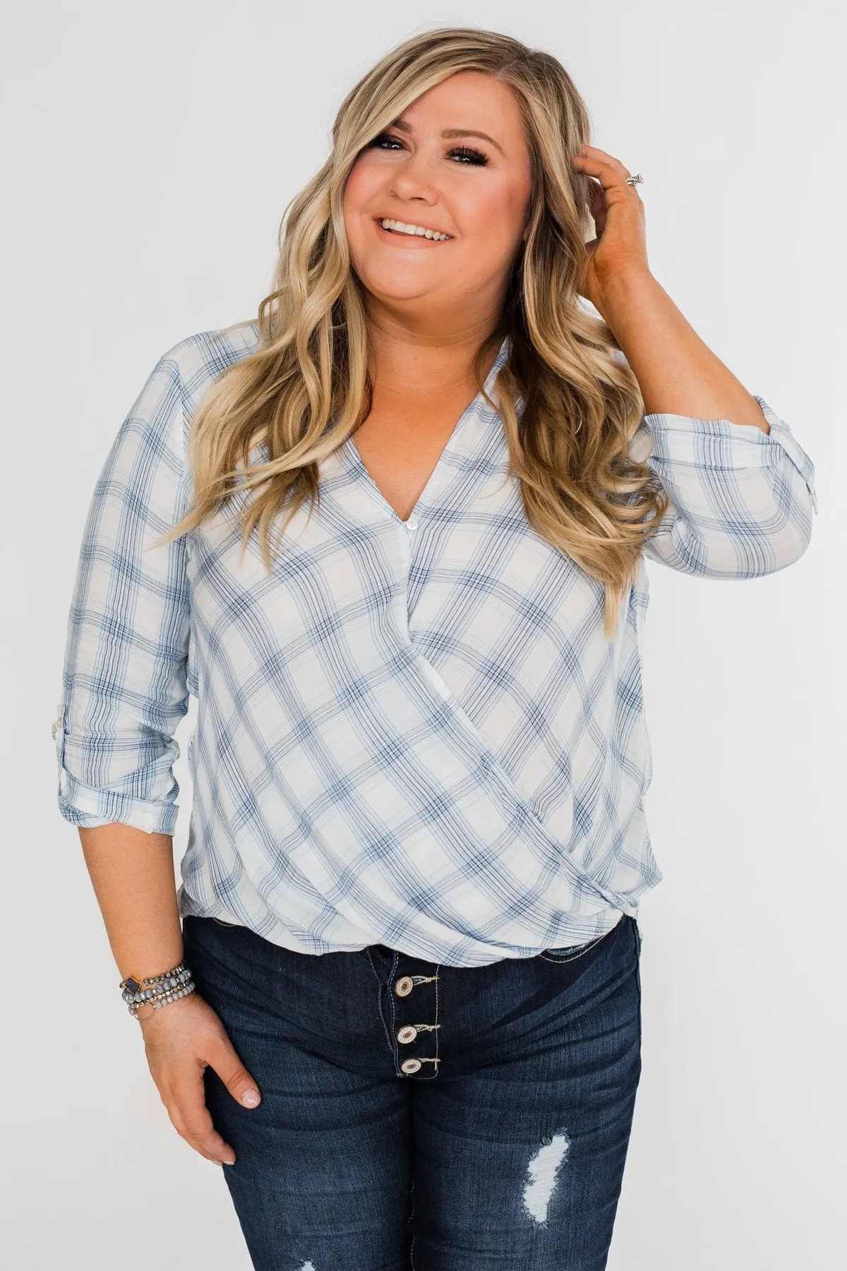 Just In Time Plaid Wrap Top- Blue