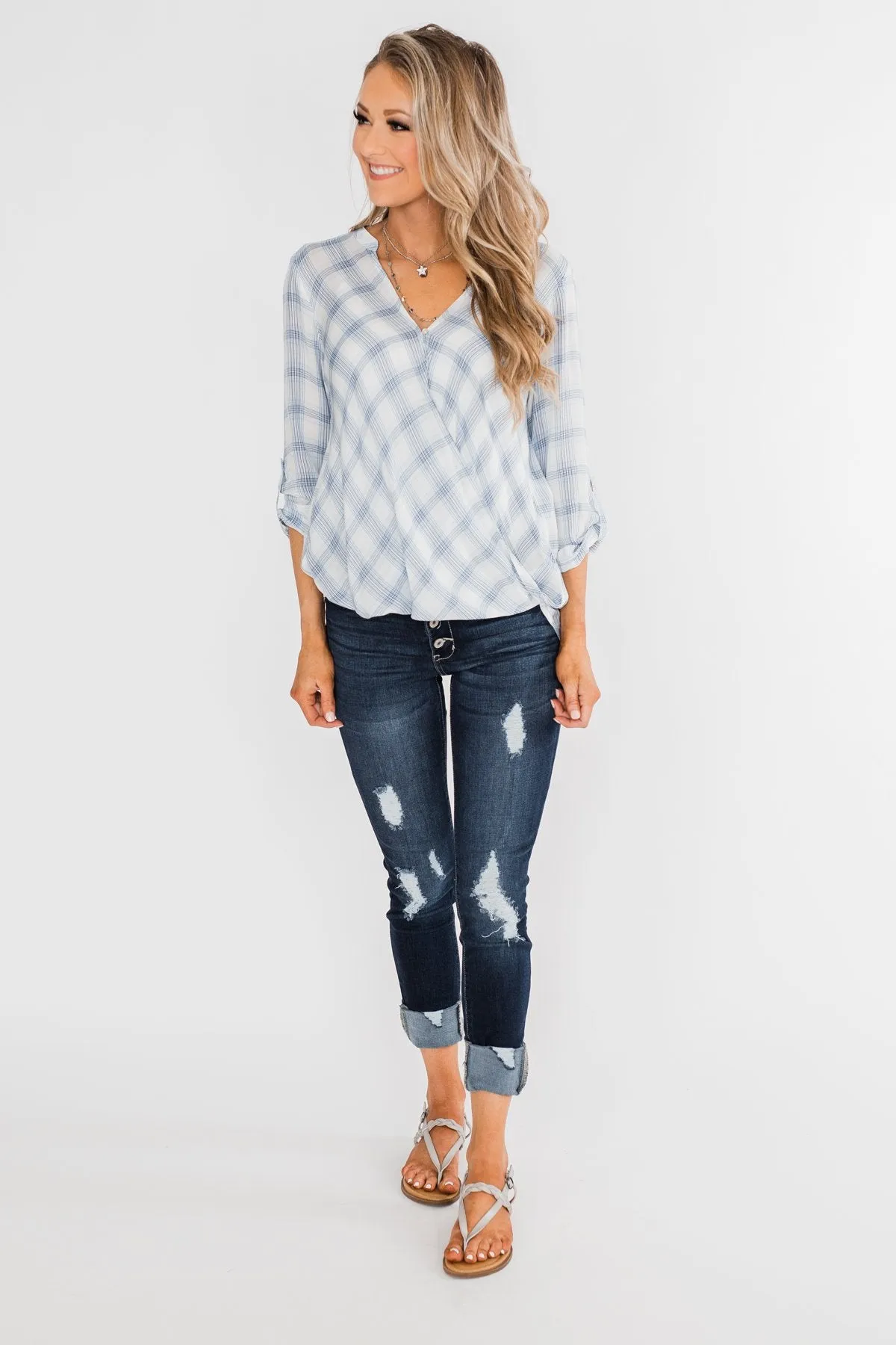Just In Time Plaid Wrap Top- Blue