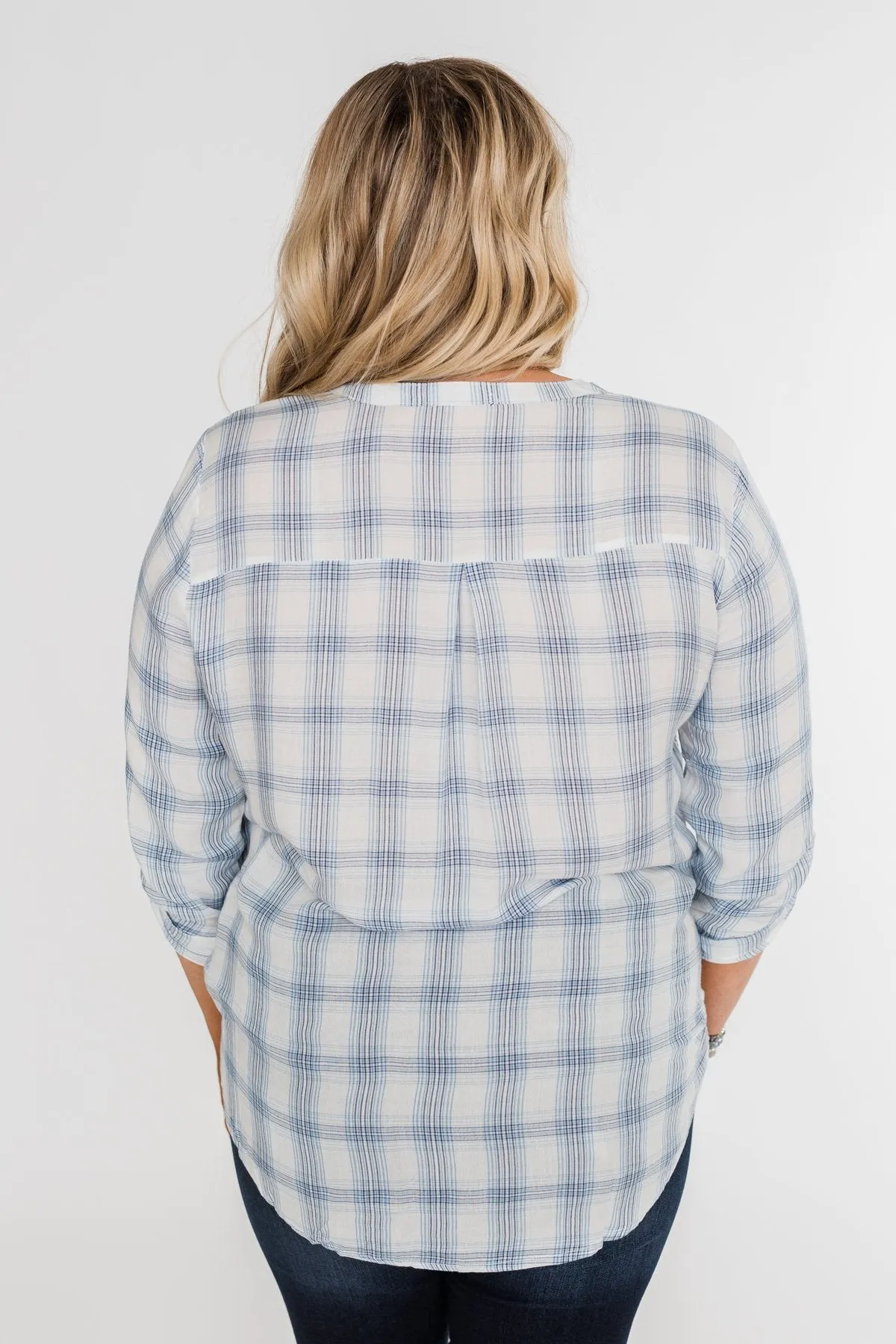 Just In Time Plaid Wrap Top- Blue