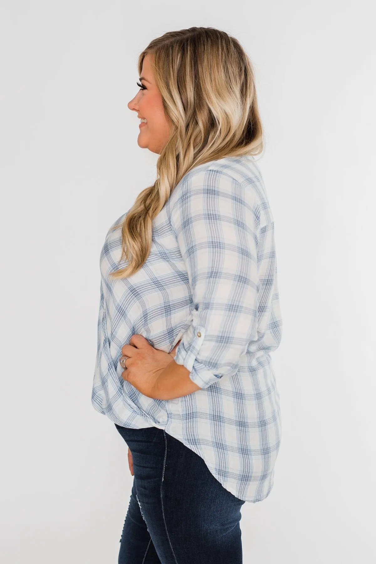 Just In Time Plaid Wrap Top- Blue
