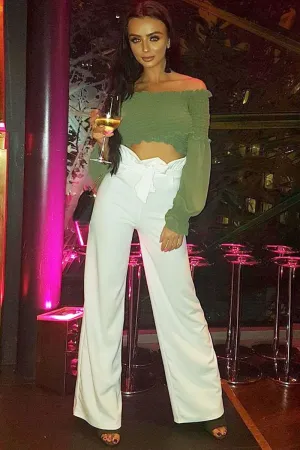Khaki Shirred Wrap Over Bardot Crop Top - Zuri