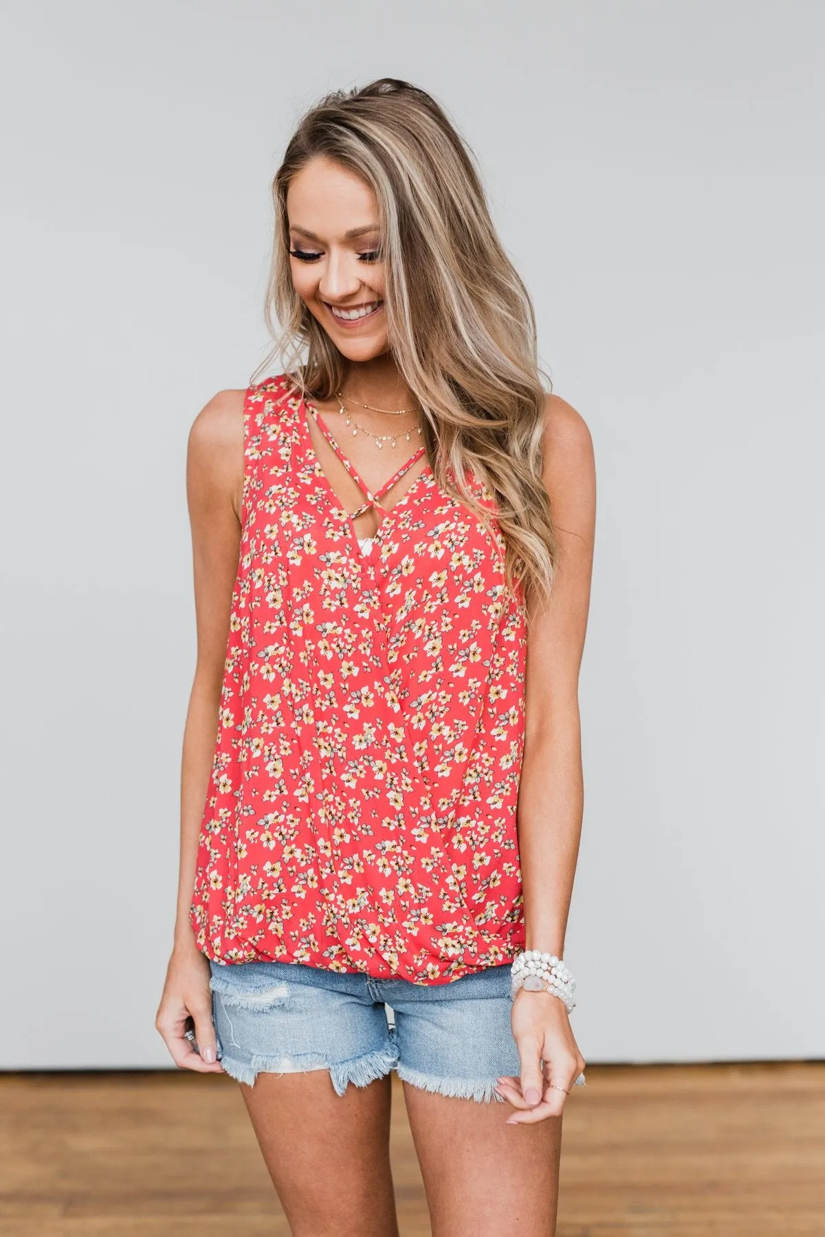 Knowing You Floral Wrap Tank Top- Coral