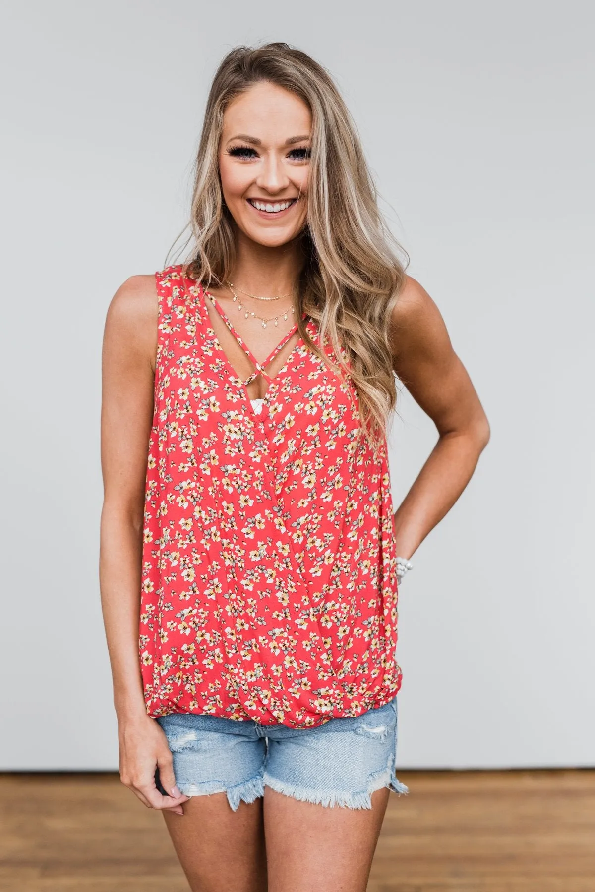 Knowing You Floral Wrap Tank Top- Coral