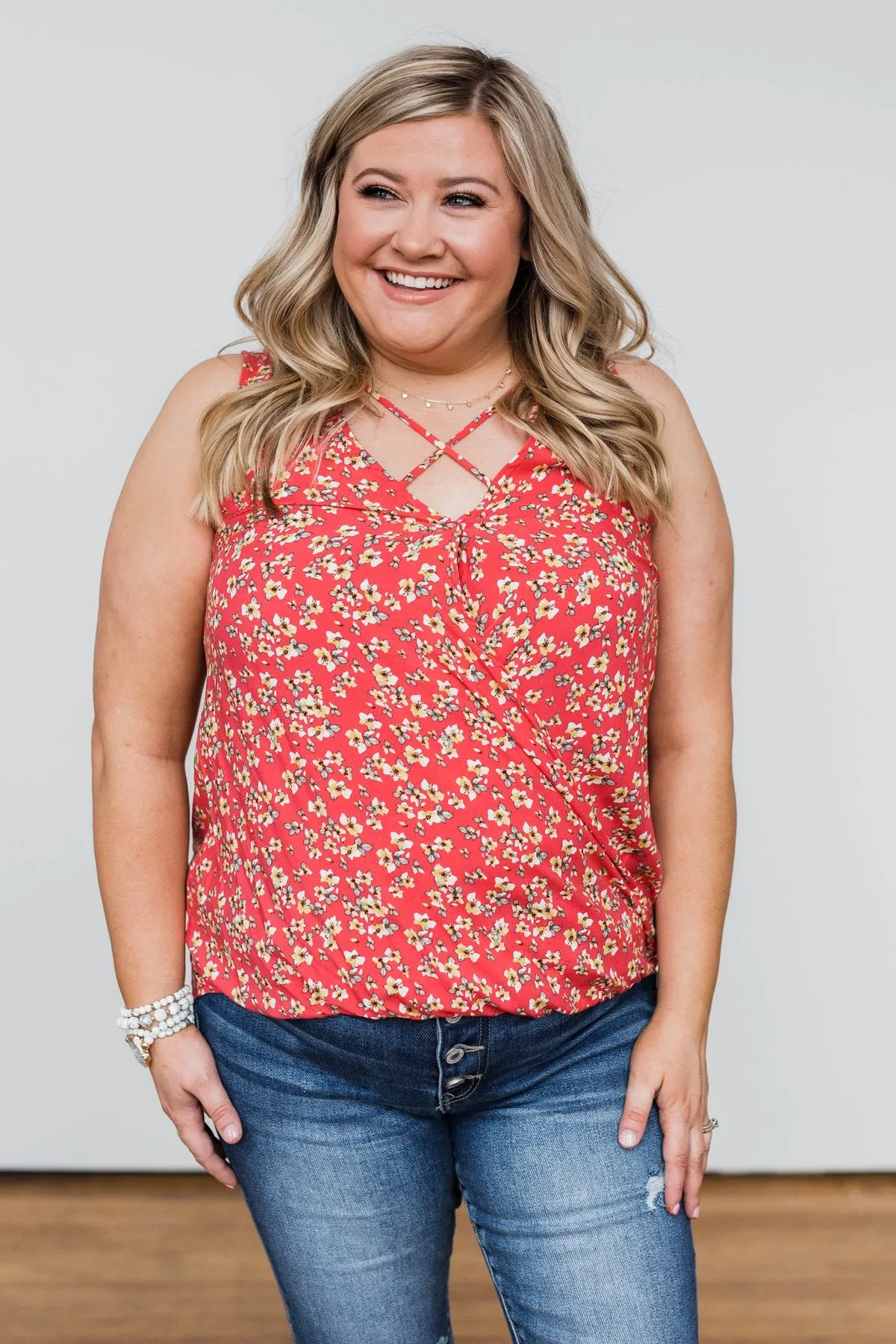 Knowing You Floral Wrap Tank Top- Coral