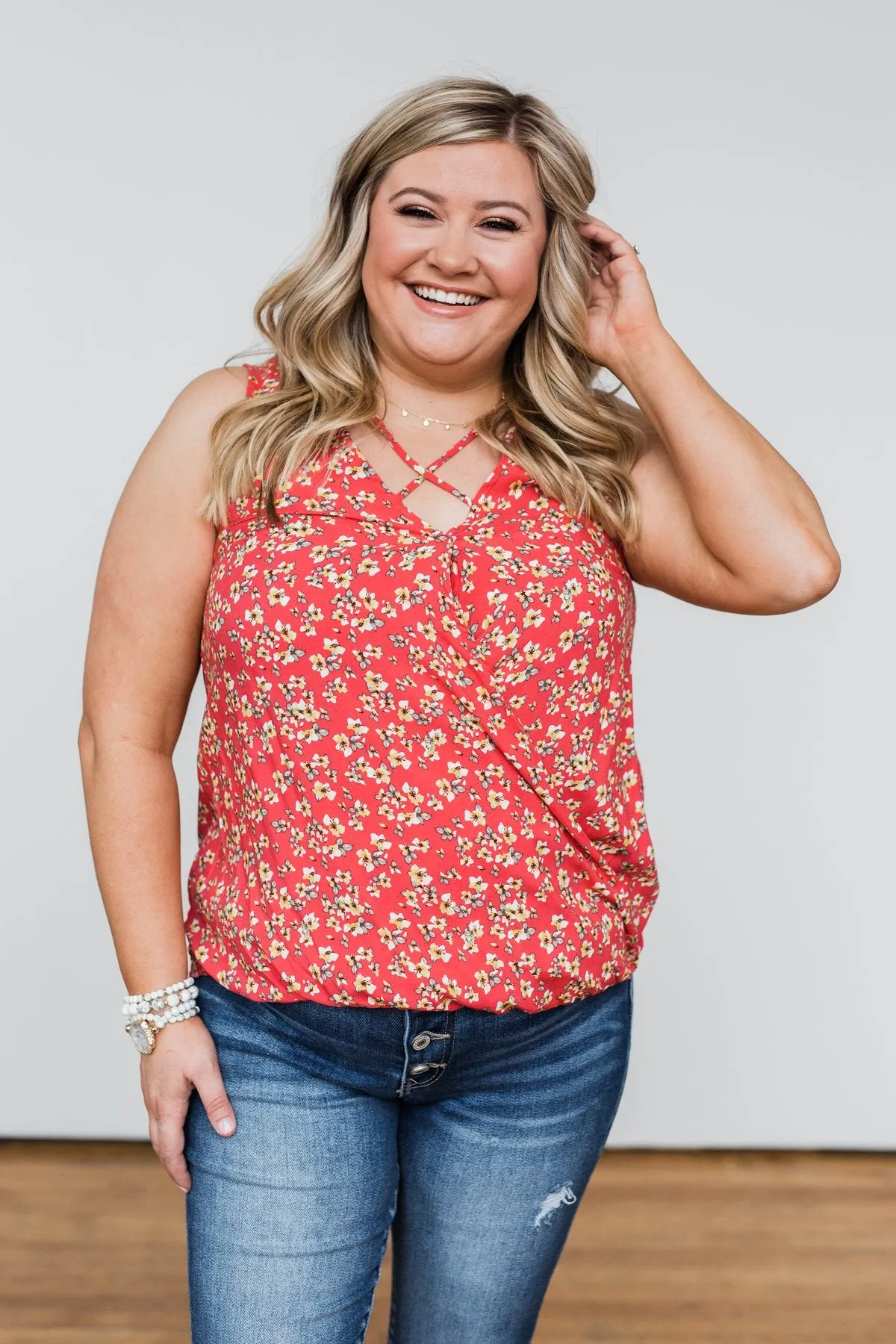 Knowing You Floral Wrap Tank Top- Coral