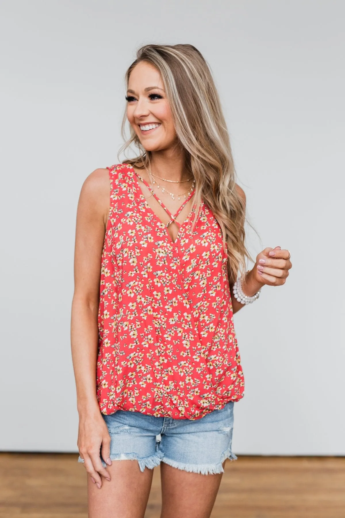 Knowing You Floral Wrap Tank Top- Coral