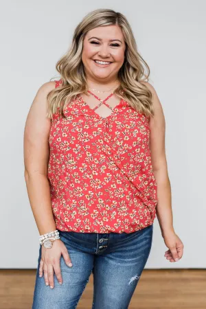 Knowing You Floral Wrap Tank Top- Coral