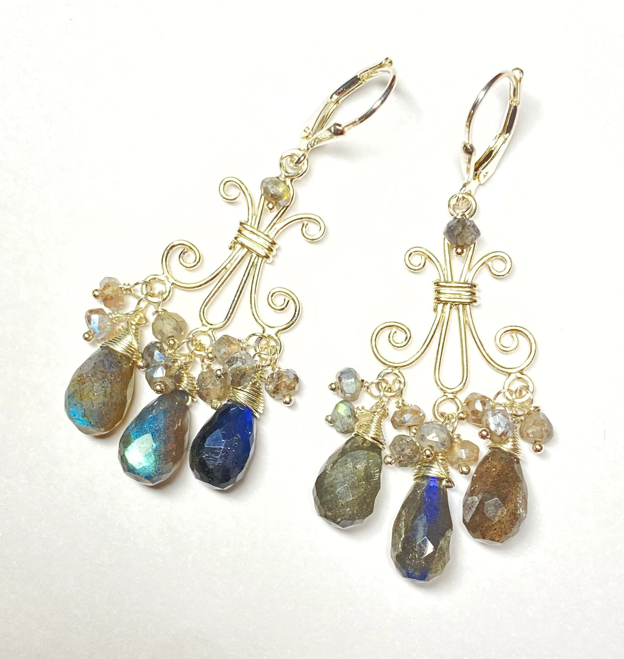 Labradorite Chandelier Earrings Sterling Silver Wire Wrap Teardrops