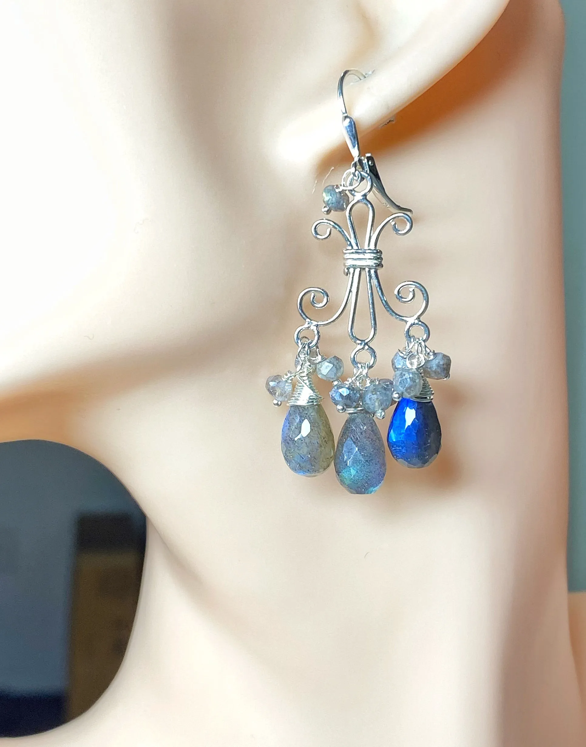 Labradorite Chandelier Earrings Sterling Silver Wire Wrap Teardrops