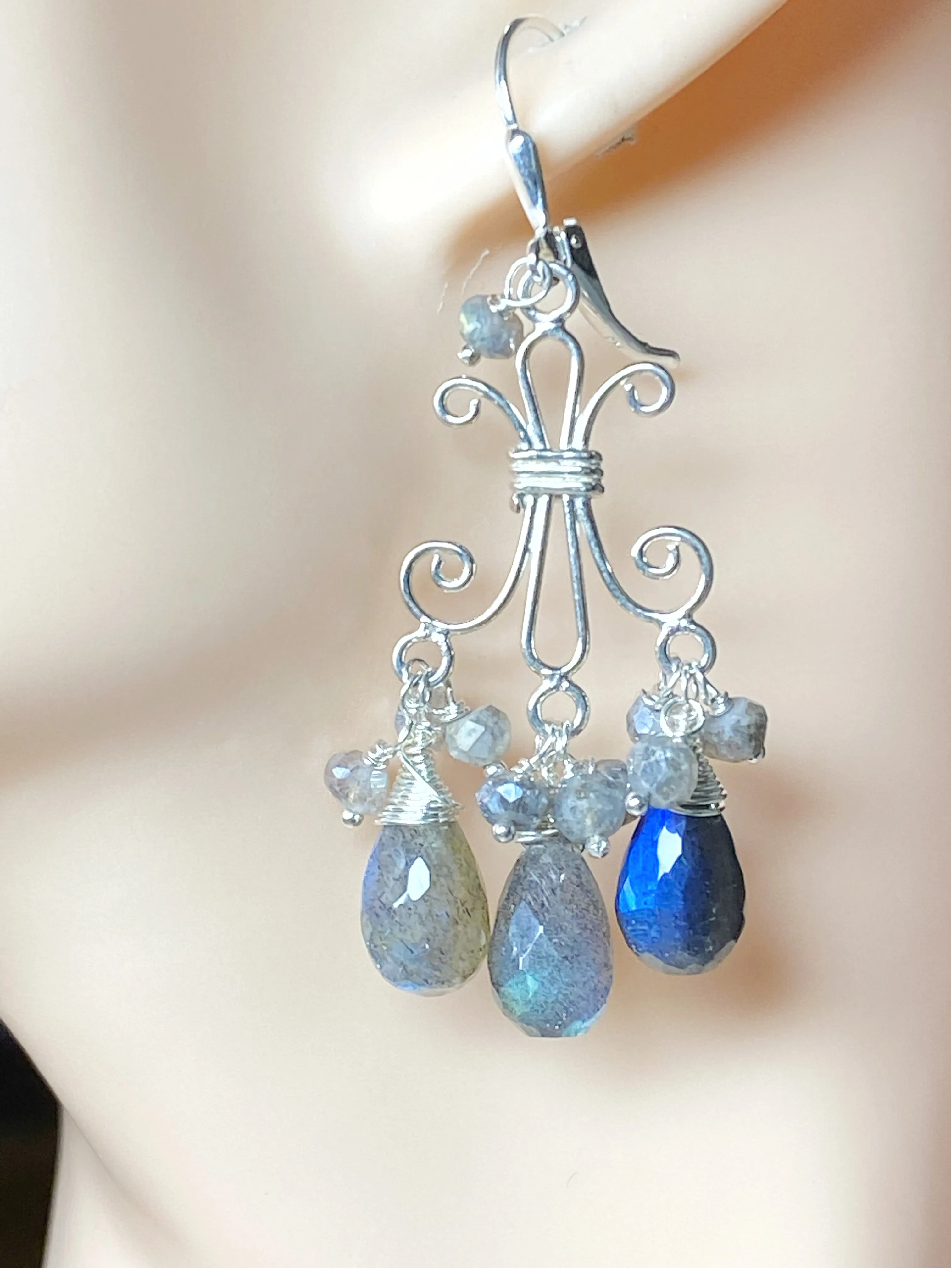 Labradorite Chandelier Earrings Sterling Silver Wire Wrap Teardrops