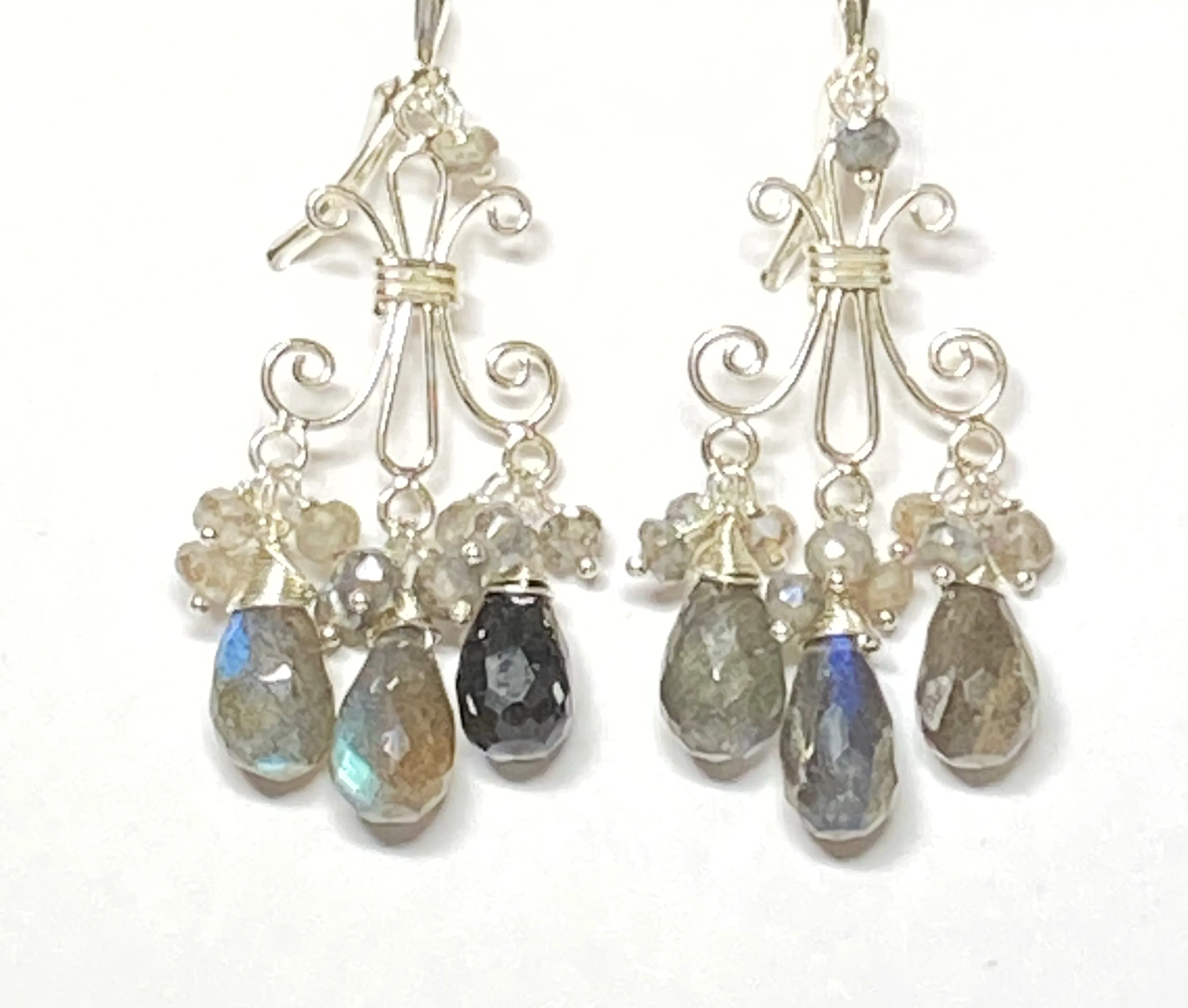 Labradorite Chandelier Earrings Sterling Silver Wire Wrap Teardrops