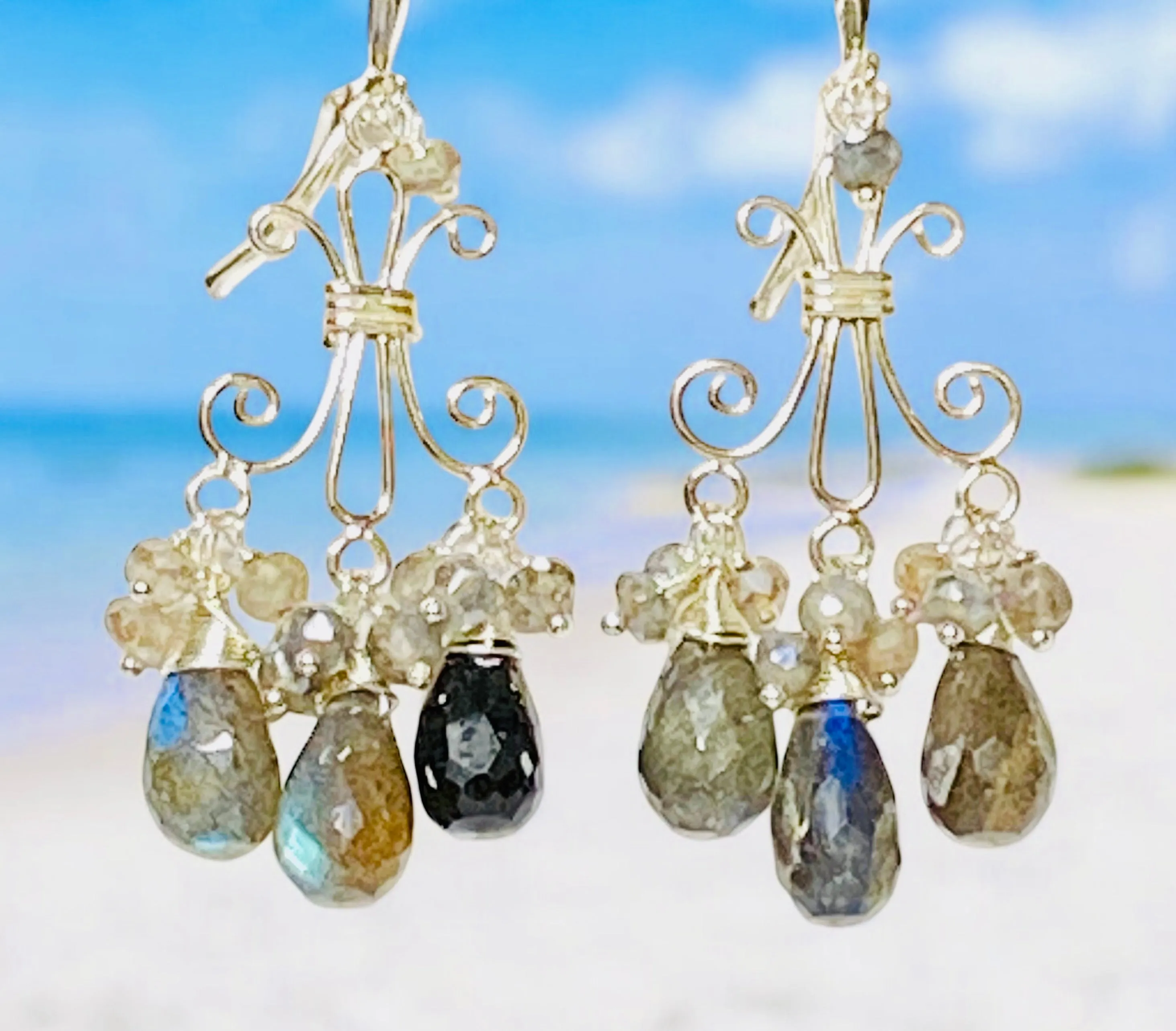 Labradorite Chandelier Earrings Sterling Silver Wire Wrap Teardrops