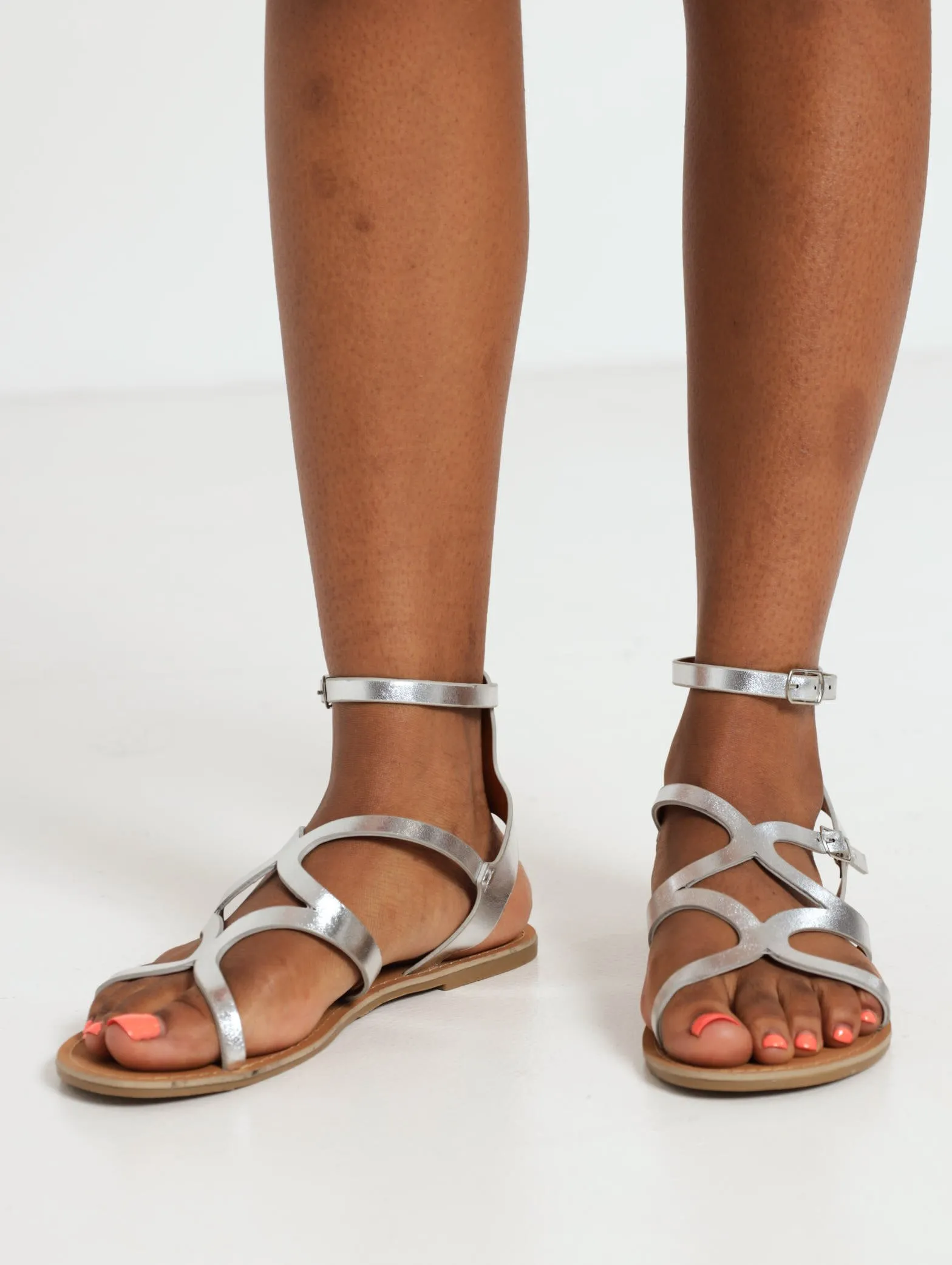 Ladies Cut-Out Double Buckle Gladiator Sandal - Silver